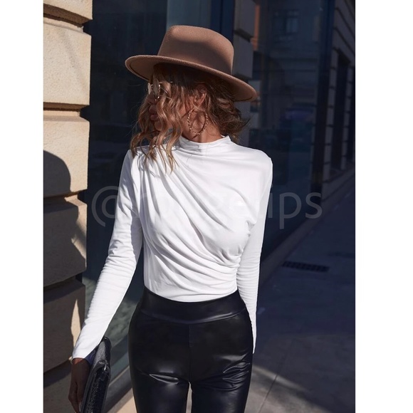 Ruched Asymmetric White Long Sleeve Shirt Slim Fit Stretchy - Picture 6 of 10